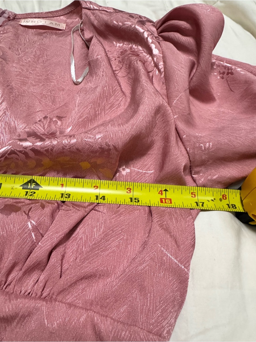 WHO I AM Mauve Pink Satin Jacquard Mini Dress Size 10 Puff Sleeve EUC - Picture 10 of 11
